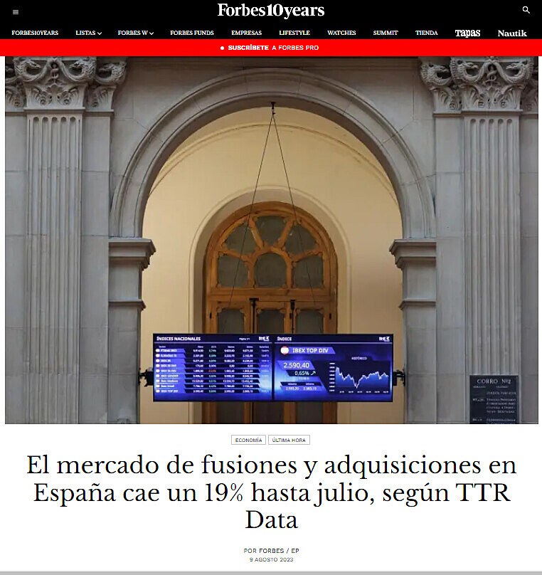 El mercado de fusiones y adquisiciones en Espaa cae un 19% hasta julio, segn TTR Data